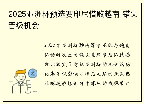 2025亚洲杯预选赛印尼惜败越南 错失晋级机会